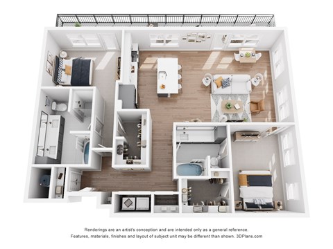 Floor plan for 2 beds, 2 baths, 1376 sqft